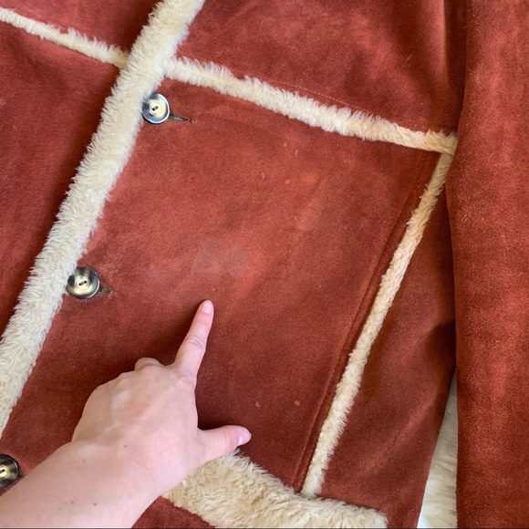 RARE vintage 70s burnt orange genuine suede Sherpa retro coat size XL - Picture 5 of 16
